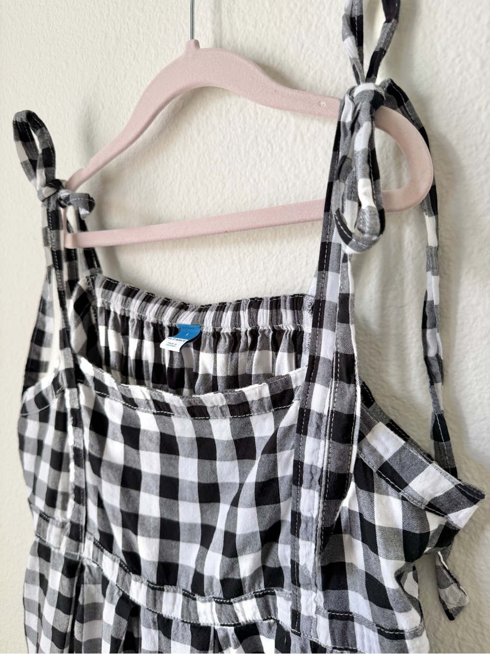 OLD NAVY Gingham Mini Dress Tie Strap Pockets Black White L - Picture 3 of 10